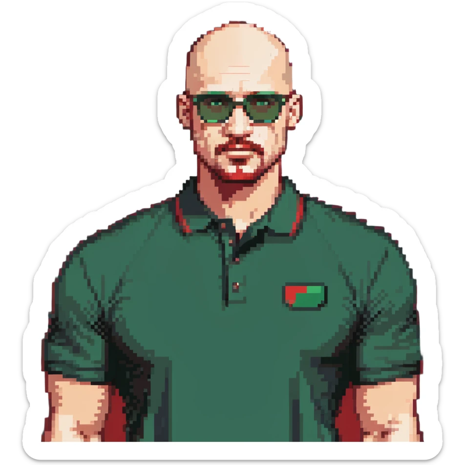 muscular bald man with a red chin goatee, wearing a dark green polo shirt and dark green glasses sticker