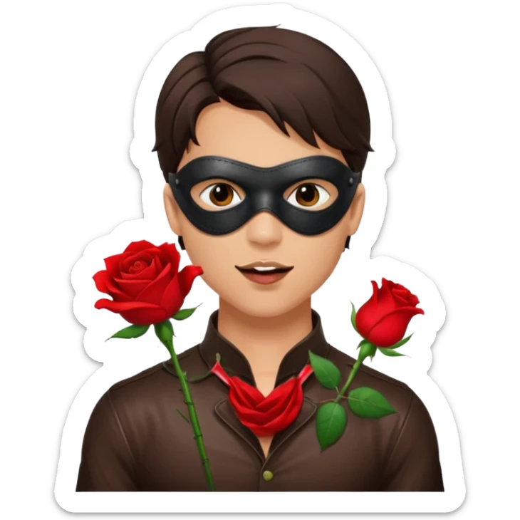 brunette young adult man with leather eye mask and leather halter neck blouse, holding rose with his mouth sticker