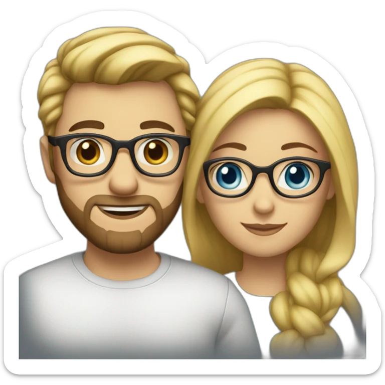 Couple in love. She has blue eyes and wears glasses, has DARK Hair. He has short blond hair, three-day beard and wears glasses. sticker