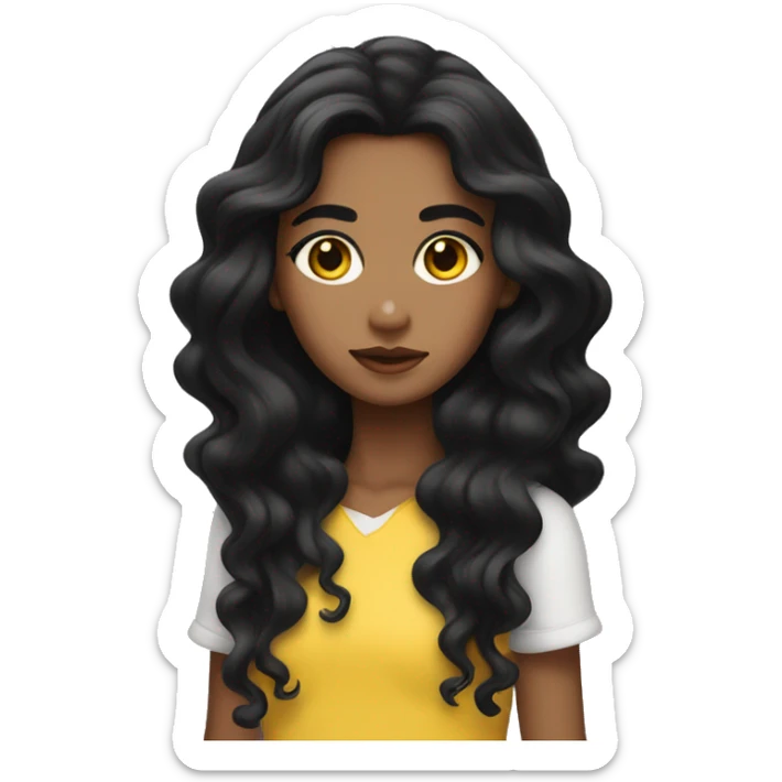 A girl with long wavy blak hair, thick eyebrows, long eye lashs with yellow-white skin sticker