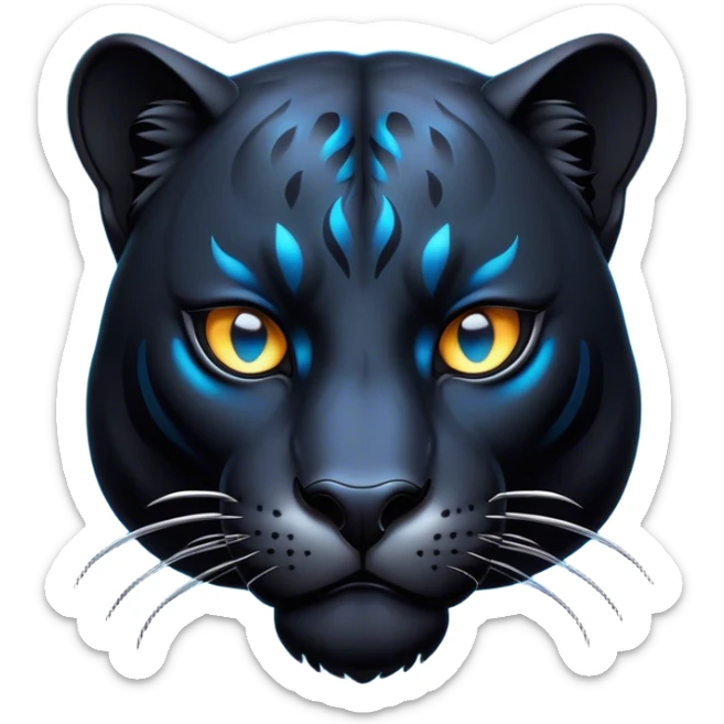 Cinematic Noble Panther Portrait Emoji, Poised and regal, with a sleek, muscular build draped in glossy, midnight-black fur and piercing, luminescent eyes, Simplified yet sharp and sophisticated features, highly detailed, glowing with a soft, mysterious glow, high shine, intelligent and enigmatic, stylized with an air of stealthy authority, focused and commanding, soft glowing outline, capturing the essence of a watchful and confident jungle guardian that appears ready to prowl out of the screen with effortless authority! sticker