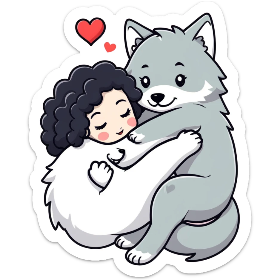 Black curly hair white skin girl hugging one big wolf with hearts above them sticker