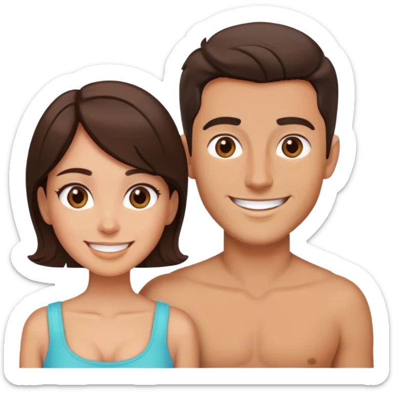 Attractive brunette man and woman with tan skin from chest up, smiling at camera sticker