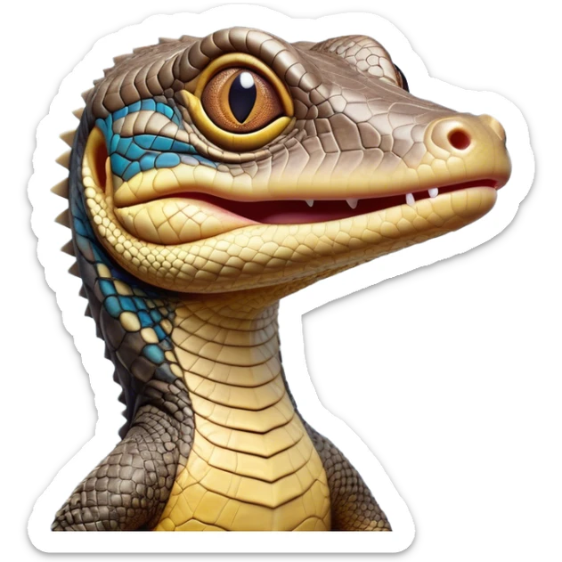 Cinematic Comical Monitor Lizard Portrait Emoji, Head tilted dramatically with an exaggeratedly shocked expression, featuring a robust, patterned body with wide, comically expressive eyes full of humorous disbelief, Simplified yet hilariously expressive features, highly detailed, glowing with a slightly sassy glow, high shine, dramatic yet playful, stylized with an air of quirky reptilian attitude, soft glowing outline, capturing the essence of a meme-worthy monitor lizard that looks ready to side-eye its way into viral fame! sticker