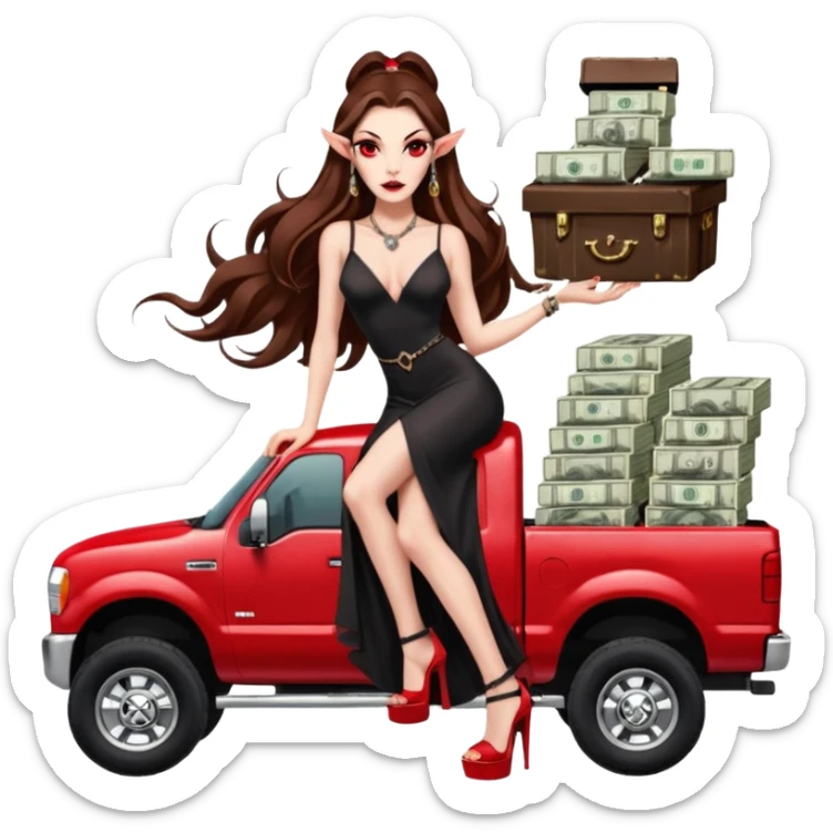 Lilith symbol red eye seductress evil long brown haired sexy succubus woman. Wearing Chanel  long dress with slit, sitting on top of a  giant lifted F350 pickup truck. Black Platform heels on feet. Back of truck full of stacks of cash, sitting behind her is  ahold stacks sticker