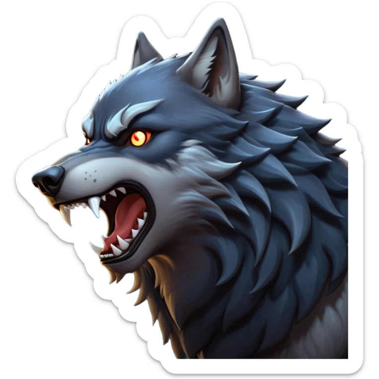 cinematic-noble-fierce-werewolf-howling-portrait-emoji, poised-and-imposing, with a fierce wolfish face tilted upwards in a haunting howl, glowing eyes full of primal ferocity, sharp, and a rugged snout, fur rippling in shades of midnight black and silver, muscles tensed as the powerful howl echoes beneath the moonlit sky; rendered with realism, capturing the raw, untamed power of the beast in its wild, primal state sticker