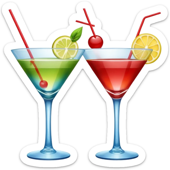 Create an emoji of two cocktails, one glass of green and yellow color and one glass of blue and red, without any fruit, put the action of cheers or party that two glass click together sticker