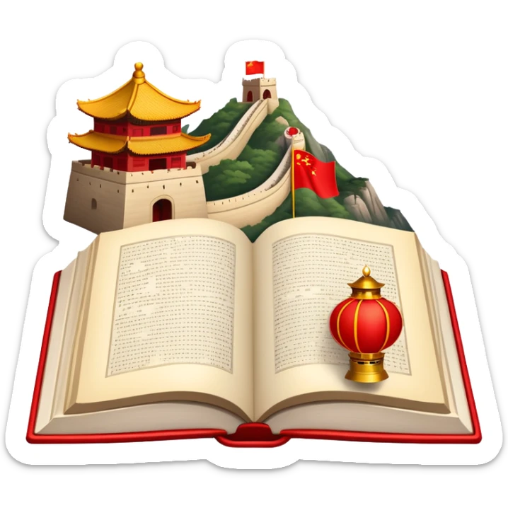 An icon featuring the Great Wall of China and the flag of China, symbolizing the Chinese language. The design includes an open book with Chinese characters and a red lantern, representing language learning and rich cultural tradition. Transparent background highlights the depth of Chinese heritage. sticker