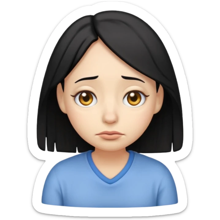 female emoji with black hair, droopy eyes, slouched posture, tired from studying sticker