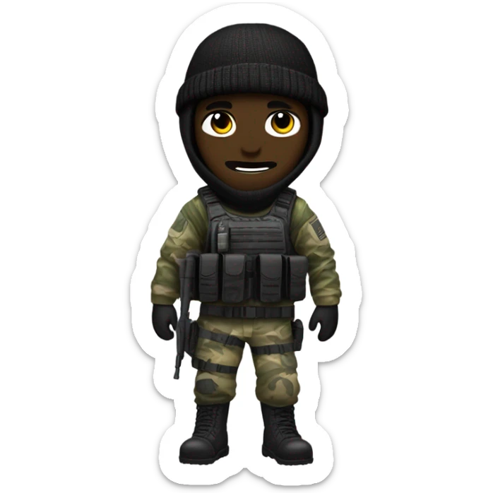 male, pale skin, call of duty black face mask, camo tactical gear, combat boots, black beanie, hazel eyes sticker