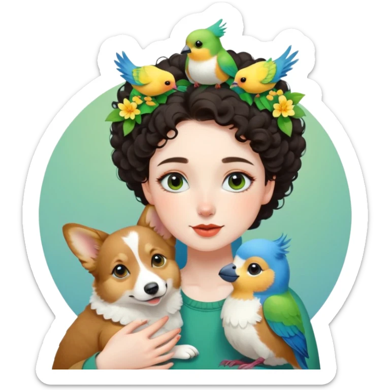 Dark short curly hair with pale skin and thin eyebrows girl hugging a welsh corgi. And a green-reddish lovebird on her head with yellow, blue love birds around her. sticker