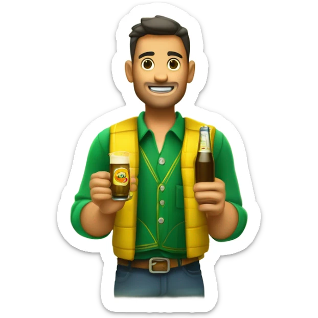 un vendedor con un palo de ciego, un chaleco verde, y tiras de cupones en el chaleco, bebiendose una cerveza, y un logo en amarillo en el chaleco con la TIPOGRAFÍA: ONCE sticker