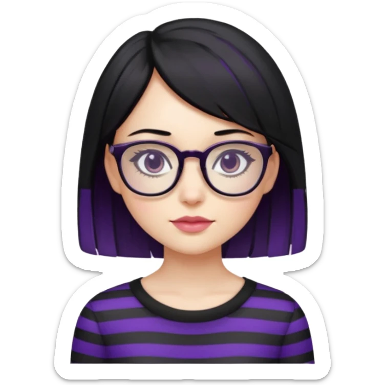 chica bonita con ligero cabello negro con rayas moradas que llega hasta los hombros con lentes cuadrados de estatura pequeña con ropa negra sticker