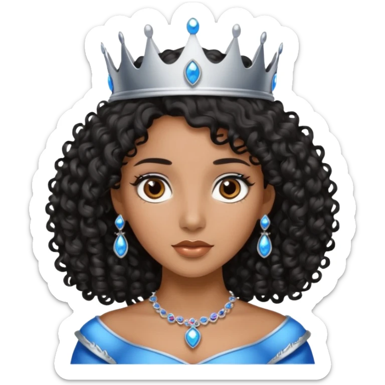 Por favor hazme el emoji de la princesa pero morena con el pelo negro y rizado, los ojos marrones y la corona plateada con jollas azules sticker