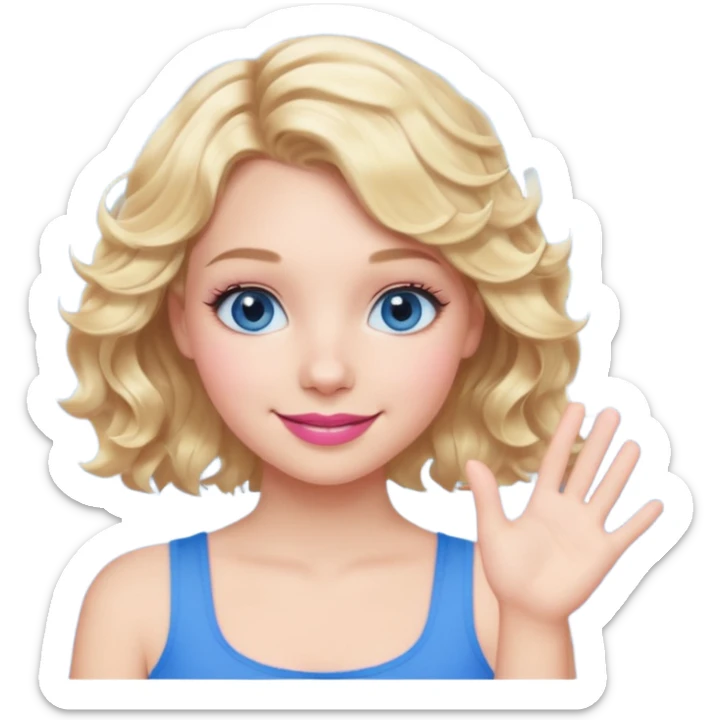 Girl Blonde short wavy hair,  blue eyes, cute blue top, long lashes, pink lips, smiling, one hand 🤷🏼‍♀️  sticker