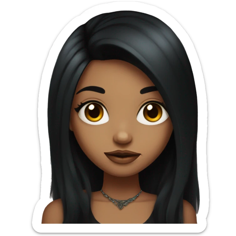 beautiful girl with tattoos, with long black hair and medium skin  , holding black cat sticker