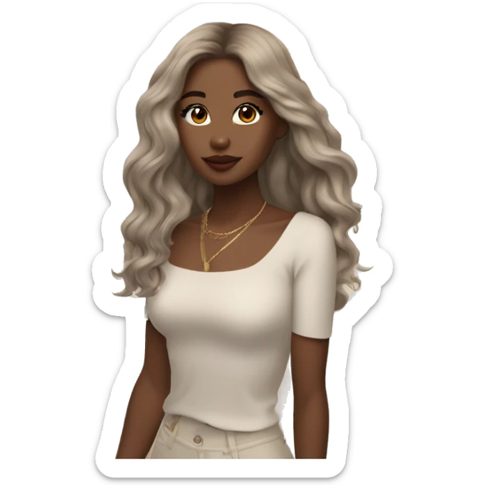 An aesthetic girl photographer, wearing off white classy outfit, her skin tone is light and hair color is ash brown. Hair style is beach waves. The hair is mid length and straight  sticker