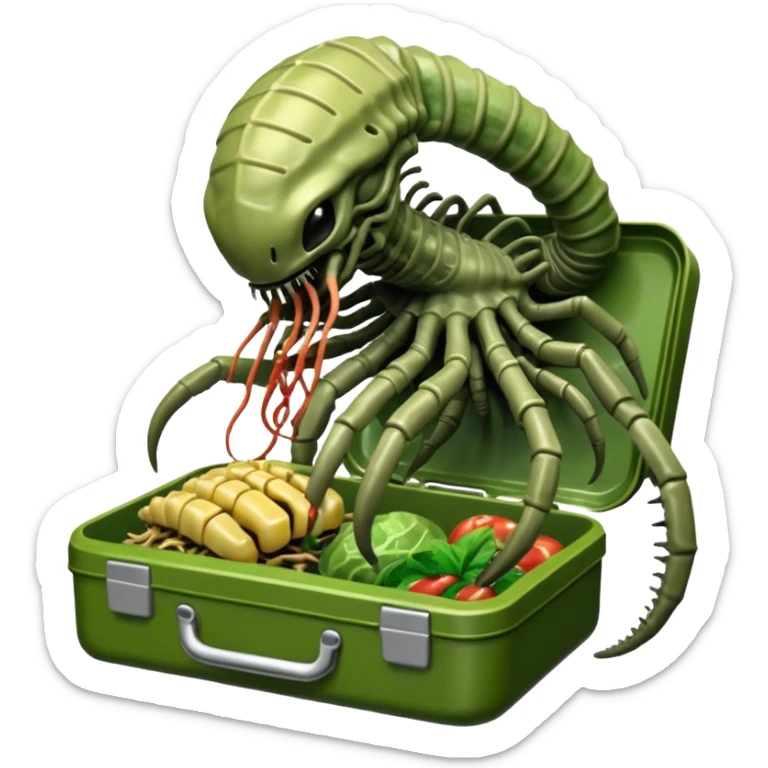 The Predator, as in the 1987 movie, eating an Alien facehugger from a lunchbox, the setting should be dark and sci-fi. sticker