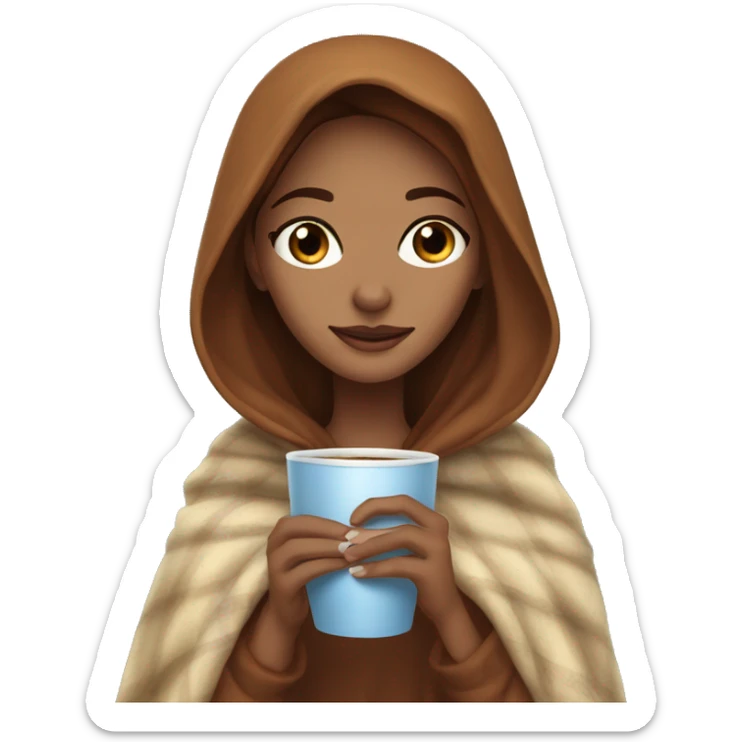 i want the emoji that’s the girl in the blanket holding a hot beverage, i want her to have reddish brown hair and freckles and blue eyes sticker