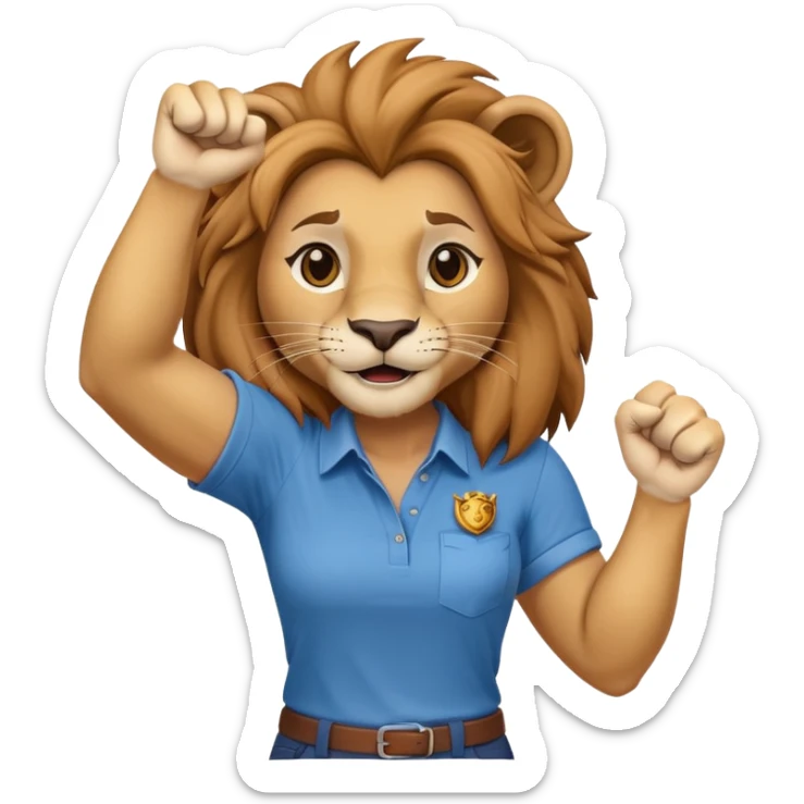 friendly anthropomorphised female lion in a shirt and pants with fist raised, energetic pose sticker