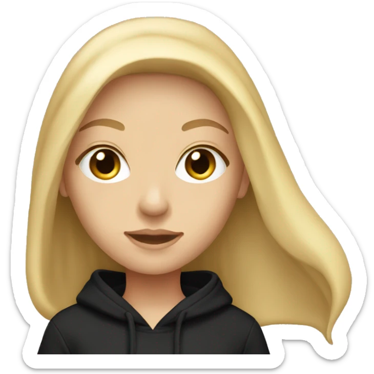 white Caucasian female with long blonde hair wearing an oversized black hoodie sweatshirt sticker
