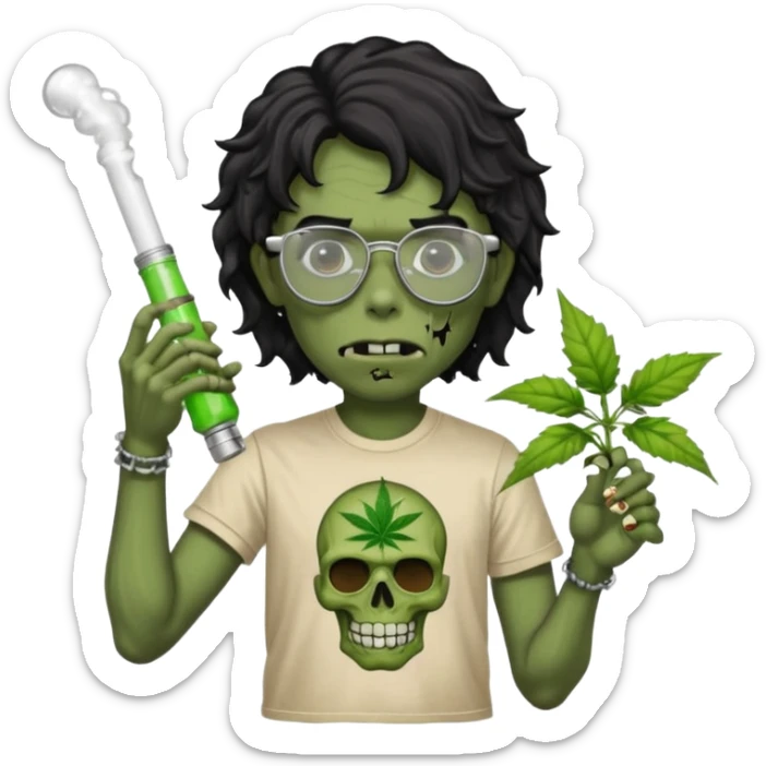 black wavy haired zombie getting stoned with weed t shirt and bong on his hand and wearing chrome hearts glasses sticker