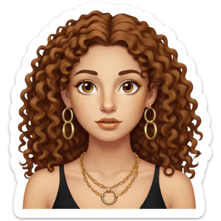 Attractive Greek woman with freckles, long curly hair, gold hoop earrings, small necklace, and lip liner on her lips sticker