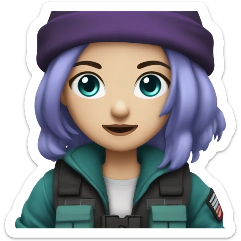 Girl, white skin, tactical vest, dark pants, long teal hair, blue eyes, black purple beanie hat, knife, black combat boots sticker