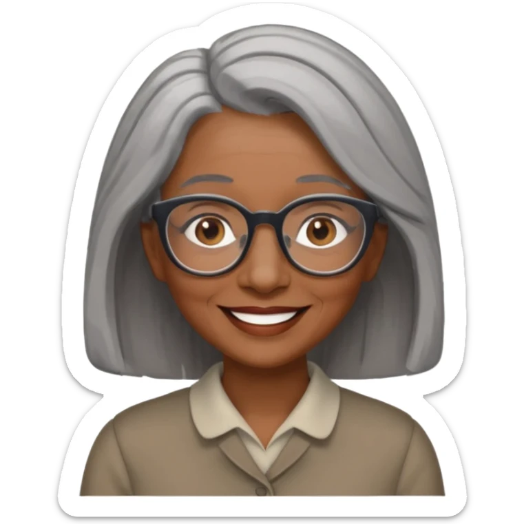 Older woman of color with gray shoulder length  hair and glasses and smiling sticker