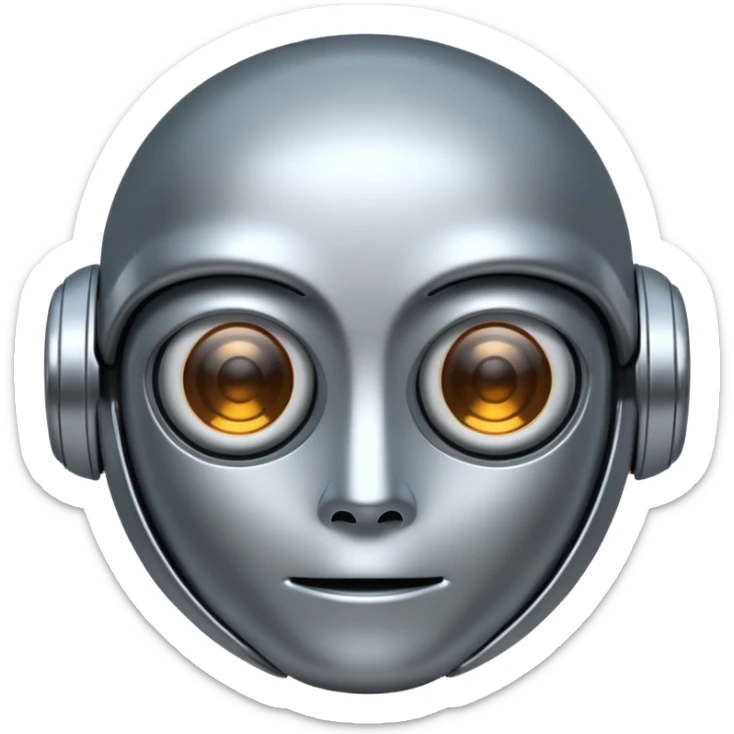 A cute futuristic robot emoji made of silver chrome, rounded friendly body, minimal facial features, glossy metallic surface, soft reflections, iOS emoji style, centered, clean white background sticker