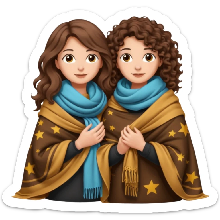 star blanket scene — long wavy brown hair tattooed woman and short tight curly brown hair woman — sharing oversized scarf blanket sticker