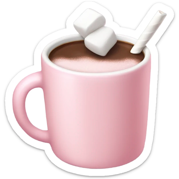 a light pink mug with hot chocolate and marshmallow sticker