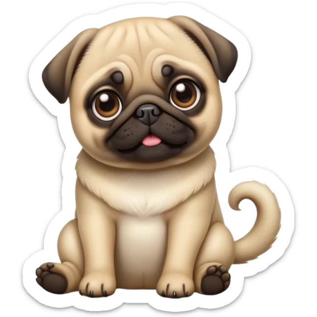 detailed-[cute pug]-realistic-full-body-sitting-emoji,-tail-resting-loosely-beside-its-paws,-head-tilted-dramatically, -sleek-fur,-simplified-yet-realistic-focused-features,-highly-detailed,-glowing-with-an-almost-sarcastic-glow sticker