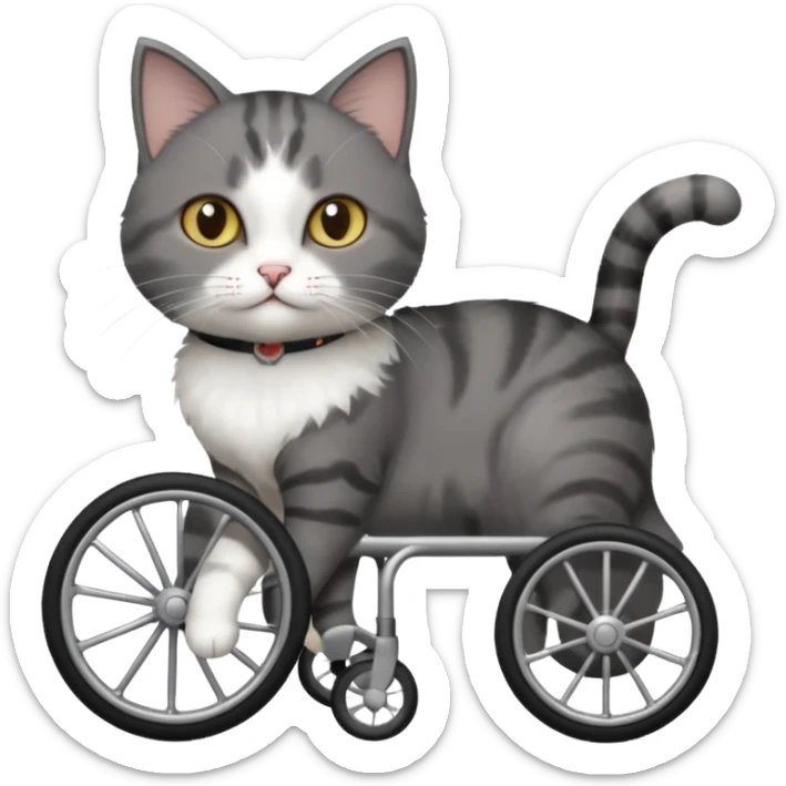 full body small short hair dark grey and white cat with hazel eyes walking in a wheelchair for cats sticker