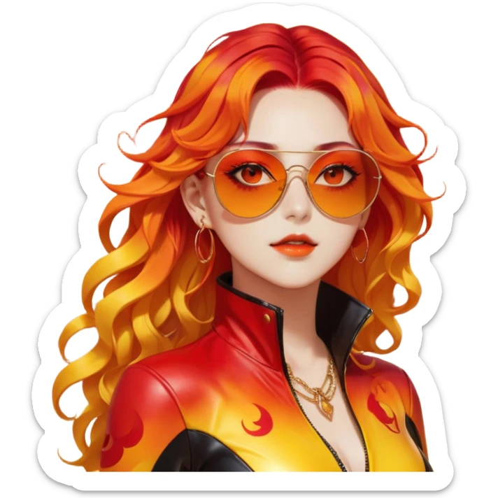 Beautiful gorgeous anime lady with beautiful fiery long warm-red-orange-yellow-gradient-wavy-special-hair, fashion aesthetic, slim red-tinted-sunglasses, accessories, gold jewelries, red-and-yellow sunny-pattern-eyes, black latex-suit, biker-woman, cool, badass, gold-sun-shaped-earrings sticker