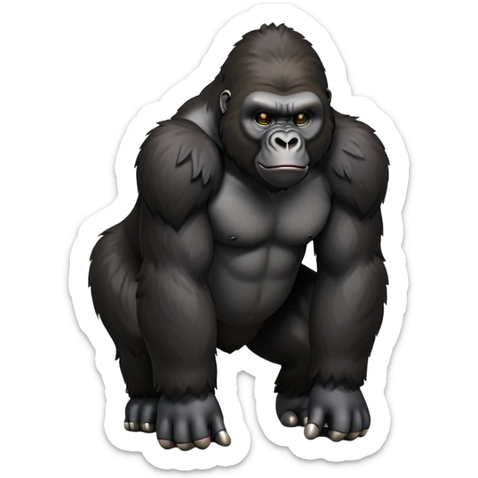 cinematic-gorilla-realistic-full-body-on-all-fours-emoji,-exuding-strength,-thick-dark-fur-in-the-light,-head-tilted-dramatically,-deep-dark-eyes-filled-with-intense-intelligence,-simplified-yet-realistic-focused-features,-highly-detailed, zoomed out friendly  sticker