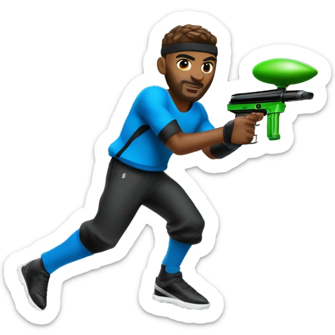 Brown skin paintball player, that looks similar to the Apple basketball player emoji, wearing a blue longsleeve jersey, black pants, a black headband, and running with a paintball gun in hand sticker