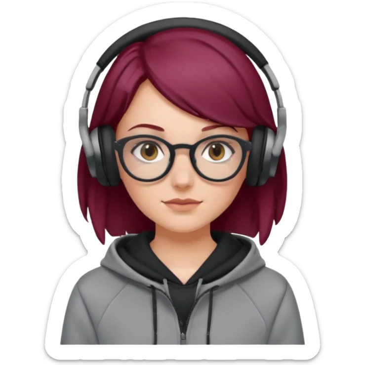white girl with burgundy hair, gray glasses, black deportive hoodie and black headphones sticker