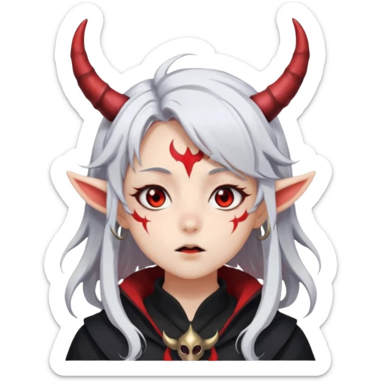 Dark style anime girl with white hair and red eyes, with horns on her head . There is an emotion of inhalation on the face sticker