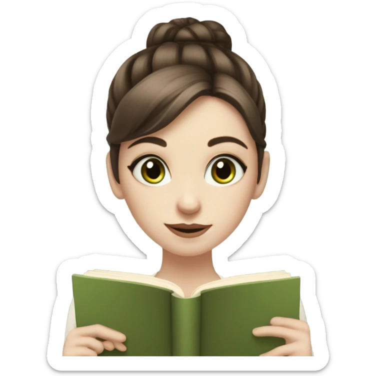 Girl with brown hair in a low bun, wispy bangs, green eyes, pale skin, reading a brown book sticker