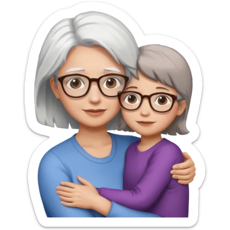 Abrazo de Madre de 60 años con pelo blanco y gafas y hija con pelo morena sin gafas sticker