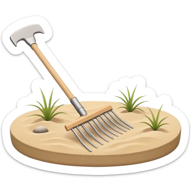 Minimalist emoji of a Japanese zen garden rake with four teeth, elegant thin lines, light wood tone, sand-beige palette, flat vector style, calm and balanced aesthetic, zen-inspired, transparent background, premium minimal design sticker