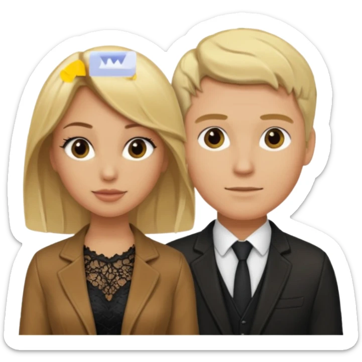 Love tan woman blonde hair and black lace  with blonde man Brown shade jacket sticker