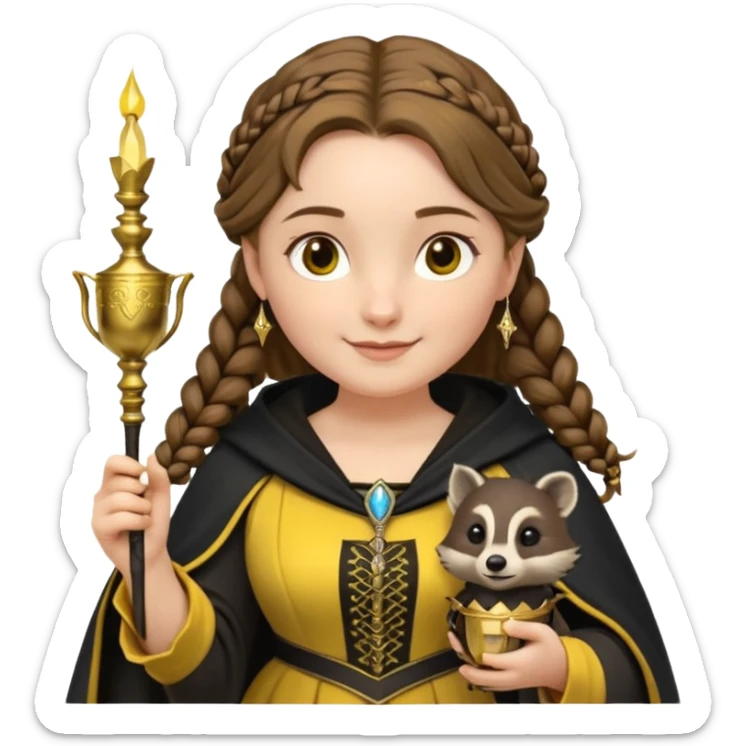Helga Hufflepuff,the Hogwarts founder of Hufflepuff,brown-haired,2braids,yellow-black medieval dress with black cloak decorated with gold braiding,flickering magic wand and tiny two-handled shiny gold cup engraved with the badger silhouette,very kind smile,curvy busty sweet sticker