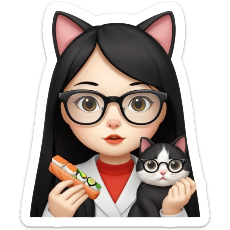 cute girl cat with long straight hair and really big square glasses with super thin frames eating sushi sticker