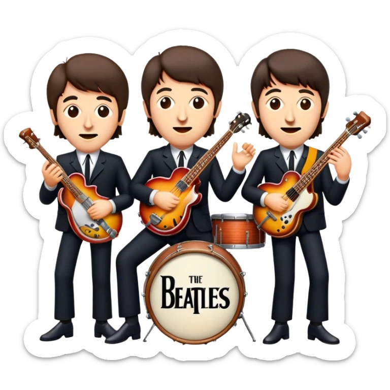 Cinematic Realistic The Beatles Group Emoji, depicted as an iconic band of four exuding playful charisma and musical genius with retro instruments and vibrant expressions, rendered with rich textures and nostalgic dynamic lighting that captures their legendary impact on pop culture. sticker
