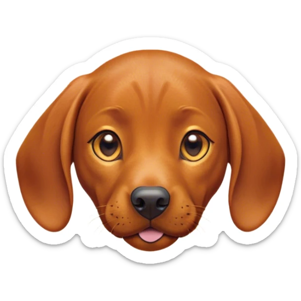 Cinematic Cute Vizsla Portrait Emoji, Head tilted playfully and inquisitively, featuring a sleek rust and gold Fur with a natural sheen, round, sparkling amber eyes filled with curiosity, Simplified yet irresistibly adorable features, highly detailed, glowing with a warm, friendly glow, high shine, affectionate and spirited, stylized with a touch of whimsy, bright and endearing, soft glowing outline, capturing the essence of a mischievous yet loving companion, so playful it feels like it could dash out of the screen and into your arms! sticker
