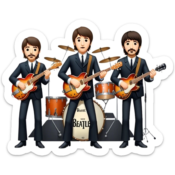 Rock music icon: The Beatles performing live on stage. John Lennon with guitar, Paul McCartney with bass, George Harrison with guitar, Ringo Starr on drums. Bright lights, energetic performance. Transparent background. sticker