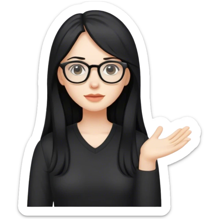 pale woman with long black hair, wearing glasses and black shirt sticker