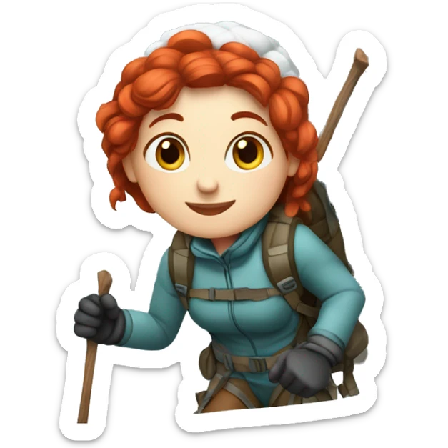Female winter mountaineer red hair white skin climbing with Greek Flag and Easter eggs basket sticker